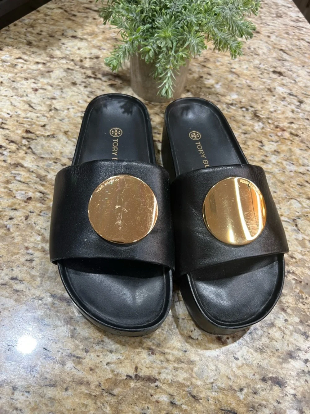 Tory Burch Black Leather Platform Slide with Gold Medallion 7.5M